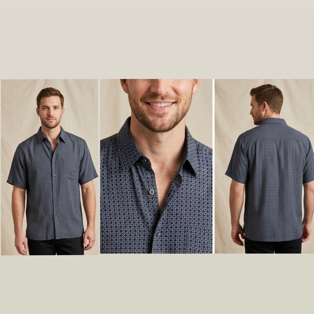 Linea Rosso Signature Mens Silk Geometric Button Down‎ Shirt Blue Black Large